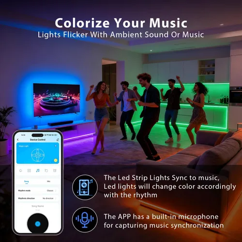 Miniatura 4 de DAYBETTER Tira de luces LED de 50 pies, sincronización de música, tiras de luz LED RGB con control remoto y aplicación, luces LED que cambian