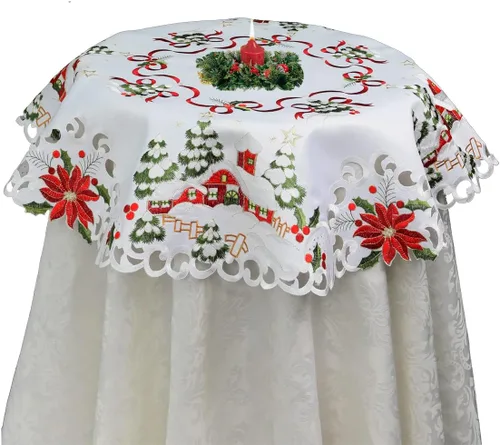Miniatura 6 de Creative Linens Juego de 4 manteles individuales bordados de Navidad de 11 x 17 pulgadas, diseño de flor de pascua roja con árbol de Navidad