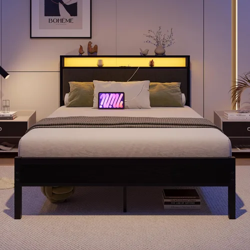 Miniatura 6 de Base de cama de tamaño matrimonial con luces LED, cabecera tapizada con estantes de almacenamiento y estación de carga, base de colchón LED