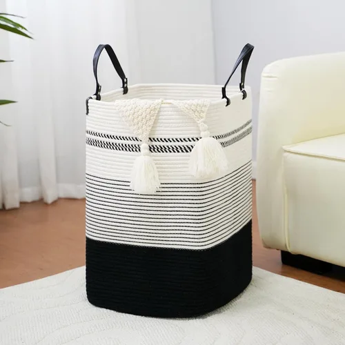 Miniatura 15 de danpinera Cesta Grande de Lavandería – Cesta de Almacenamiento Tejida de Algodón Alto de 75L con Asas de Cuero, Cesta de Ropa Sucia Esbelta, Cesta