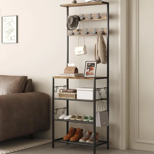 Miniatura 3 de HOMEFORT Perchero con almacenamiento de zapatos, zapatero de 5 niveles y perchero con 9 ganchos para ropa, organizador independiente para árbol