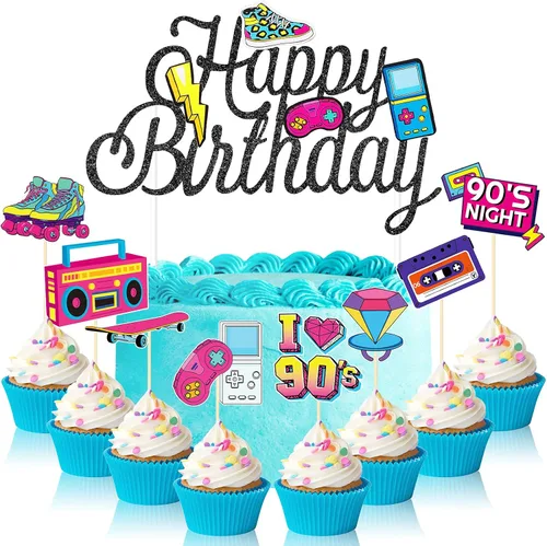 Tenare 41 piezas de decoración de cupcakes de los años 90, decoración retro de fiesta de los años 90, hip hop, pastel, música, danza, patinaje,