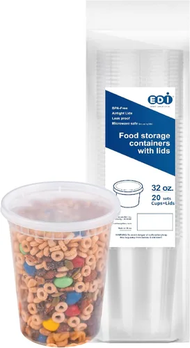 EDI [32 onzas, 20 juegos] Contenedores de plástico deli para almacenamiento de alimentos con tapas herméticas | Apto para microondas, congelador,