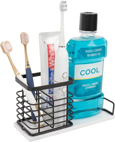 Miniatura 13 de Soporte para cepillos de dientes, lujoso soporte de metal para cepillo de dientes y pasta de dientes con base de mármol para baño, diseño calado
