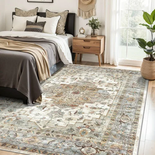 Miniatura 259 de Syalife 4x6 Alfombra Lavable para Área, Ultra Suave Antideslizante, Pila Baja, Alfombra Vintage Resistente a Manchas para Sala de Estar, Alfombra