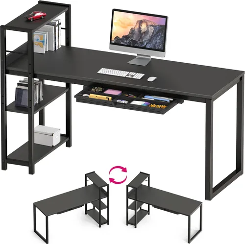 SHW Escritorio para computadora de oficina en casa de 46 pulgadas con estante lateral y cajón, color negro