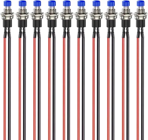 Miniatura 14 de Gebildet 10 piezas de botón de presión momentáneo mini precableado negro 3V-6V-12V-24V-230V/1A, SPST normalmente abierto ON/Off, botón redondo de 2