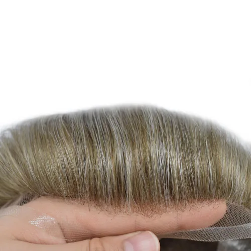 Miniatura 76 de Sistema de repuesto de cabello humano europeo con encaje frontal suizo para hombre, tupé para hombre, pieza de cabello, nudo blanqueado, línea #17