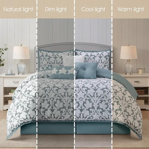 Miniatura 5 de Grand Avenue Juego de edredón azul de 7 piezas, juego de cama jacquard tamaño Queen, ropa de cama de hojas florales para todas las estaciones