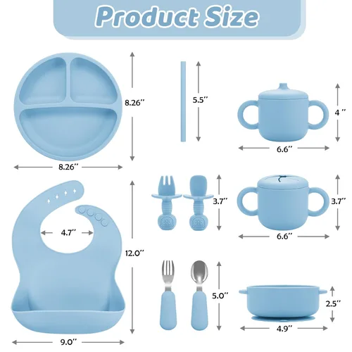 Miniatura 7 de Bufims Juego de alimentación de silicona para bebés, suministros de destete para bebés, utensilios esenciales para comer con placa de succión y Azul