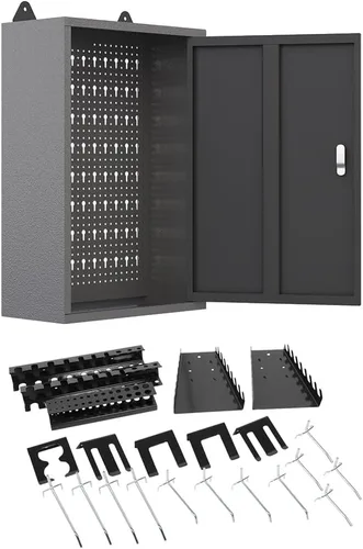 Miniatura 12 de JZD Gabinete de almacenamiento montado en la pared de acero, gabinetes de herramientas colgantes de metal, para taller de garaje, negro y gris