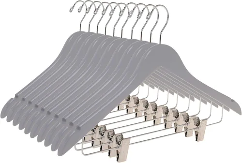 Miniatura 19 de Perchas de madera de calidad para faldas con clips, paquete de 20 perchas de nogal para pantalones con clips de metal dorado ajustables, gancho
