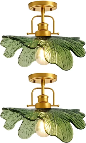 Paquete de 2 lámparas de techo de cristal verde vintage, lámpara de techo semiempotrada, lámparas doradas para cerca del techo con pantalla de