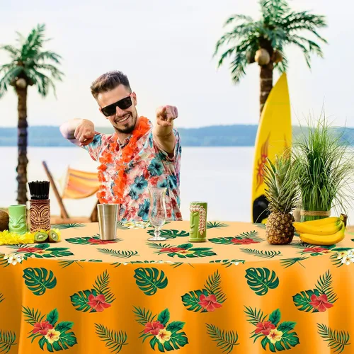 Miniatura 4 de Oudain 6 manteles hawaianos redondos de verano de 84 pulgadas, manteles de plástico Lagre Tropical Luau con hojas de palma y flor de hibisco