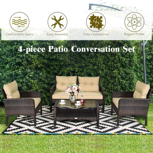 Miniatura 6 de COSTWAY Juego de muebles de patio de 4 piezas, sofá modular de mimbre con cojín, sofá biplaza, mesa de centro con vidrio templado y estante