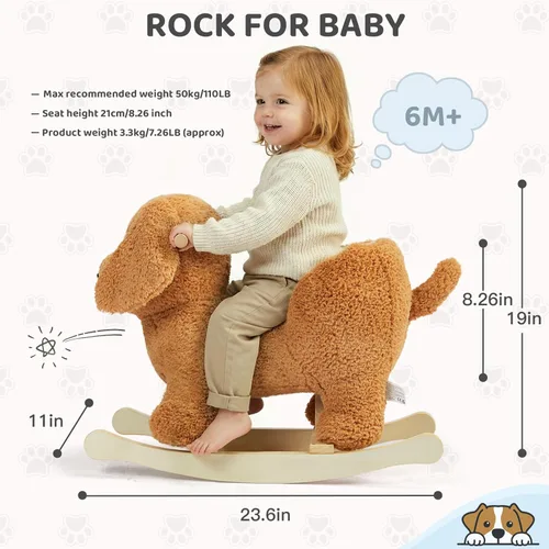 Miniatura 2 de Caballo mecedor para bebé, caniche de madera para niños pequeños de 1 año de edad, lindo perro de peluche de juguete mecedora para bebés, niños