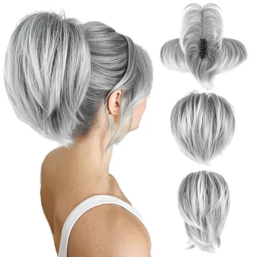 Miniatura 11 de HOOJIH - Pieza de cabello con moño desordenado, clip de garra en moño de cabello liso de 9 pulgadas, extensión de cola de caballo corta con alambre