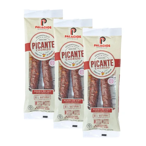 PALACIOS - Auténtico chorizo español. Receta de salchicha ahumada caliente y picante de cerdo molido totalmente natural, curada en seco en España.