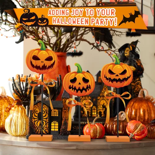 Miniatura 6 de 3 piezas de decoración de bandeja escalonada de Halloween, calabaza de madera, decoración de Halloween, letrero aterrador para interiores
