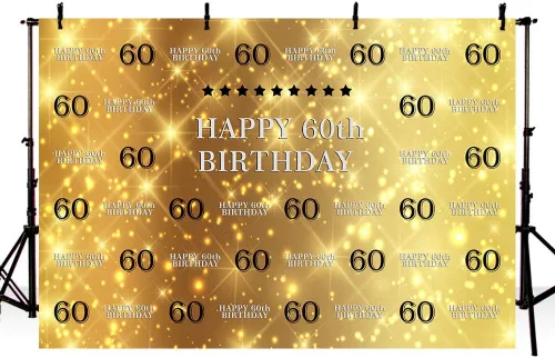 Pancarta de fondo de cabina de estudio fotográfico dorado con purpurina y estrellas negras Step and Repeat 60th Happy Birthday Bash Party Banner