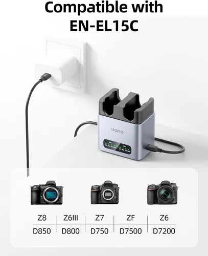Miniatura 4 de llano EN-EL15C - Batería para cámara de 20 W, cargador rápido de 2 ranuras, compatible con Nikon Z8 ZR Z7II ZF Z6III Z7 Z6II Z6 D850 D810A D7500