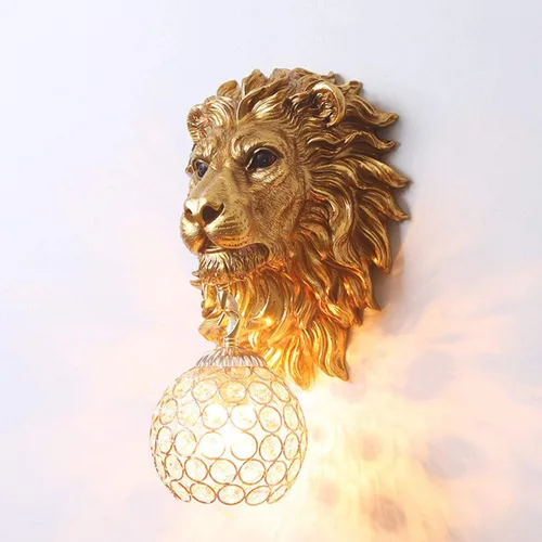 Miniatura 7 de Juego de 2 apliques de pared con cabeza de león dorados, lámpara de pared moderna de lujo con forma de globo de cristal, cabeza de animal de resina