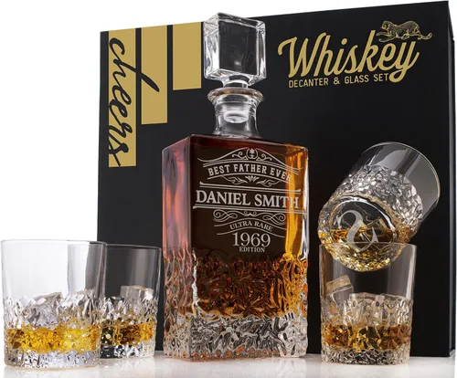 Juego de decantador de whisky personalizado – Juego de regalo de licor personalizado de 5 piezas con 4 vasos y decantador grabado – 27.1 fl oz –