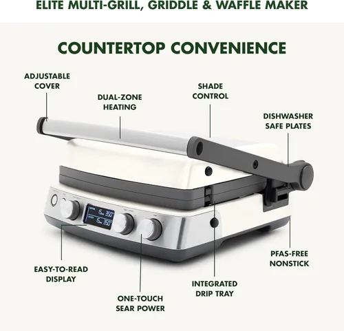 Miniatura 4 de GreenPan Elite Parrilla de Contacto y Plancha Multifunción 7 en 1, Antiadherente Cerámico Saludable, Placas para Parrilla y Waffle, Tono y Blanco