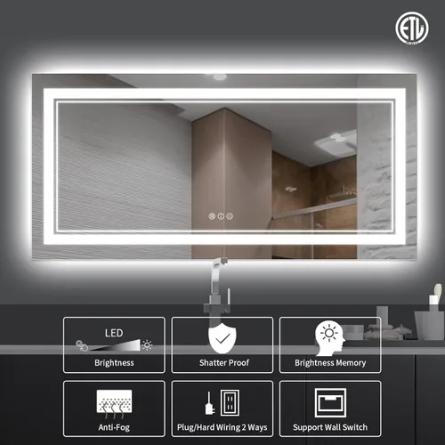 Miniatura 2 de Espejo de baño LED de 72 x 36 pulgadas, retroiluminado y frontal iluminado, espejo de tocador grande iluminado con luces, antiniebla, regulable