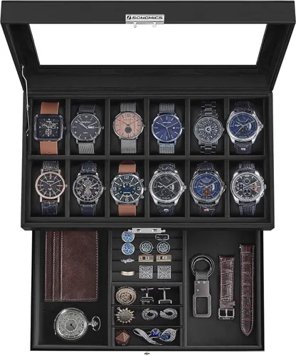 Miniatura 79 de SONGMICS UJWB012 - Caja de reloj de 12 ranuras, caja de reloj con cerradura con tapa de vidrio, 2 capas, con 1 cajón para anillos, pulseras, idea