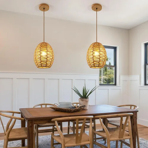 Miniatura 6 de DELIPOP Lámpara colgante, araña de ratán tejida a mano, luces colgantes ajustables bohemias para sala de estar, comedor, cocina, dormitorio, granja