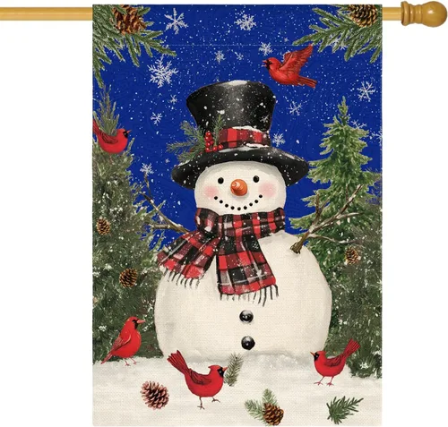 Miniatura 9 de AVOIN colorlife Muñeco de nieve azul con bufanda Bandera de jardín de Navidad 12x18 pulgadas de dos vistas, Bandera decorativa de patio de invierno