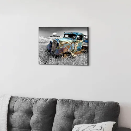 Miniatura 5 de SunFlax Arte de Lienzo de Pared de Carro Oxidado: Obra de Arte de Camión Azul Viejo Cuadro Rústico de Automóvil Pintura Vintage de Campo Antigua