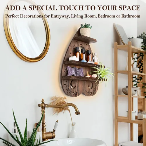 Miniatura 7 de Estante de pared de cristal ANROYE para piedra, arte de soporte de cristal pagano vintage con luz, almacenamiento de gemas de madera wiccana