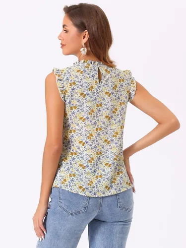Miniatura 4 de Allegra K Blusa sin mangas para mujer, con volantes, para oficina, negocios, estilo vintage de los años 50, blusas florales