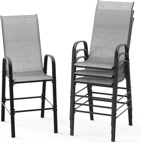 VINGLI Juego de 4 taburetes de bar apilables para exteriores, sillas tipo honda con respaldo alto y reposabrazos, para césped, jardín, bar, gris