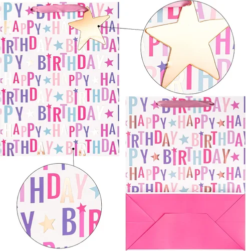 Miniatura 6 de LeZakaa Bolsa de regalo de cumpleaños de 13 pulgadas, bolsa de regalo mediana rosa con papel de seda, etiqueta de regalo y tarjeta, letras de feliz