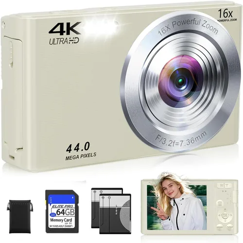 Miniatura 15 de Cámara digital 4K, cámara digital compacta digital de enfoque automático, zoom digital de 16X, cámara de viaje mejorada con tarjeta SD de 64 GB, 2
