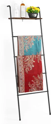 Miniatura 7 de Soporte de Escalera para Mantas para Sala de Estar Estilo Granja, Soporte Decorativo de Escalera con Estante de Almacenamiento, Perchero de Pared