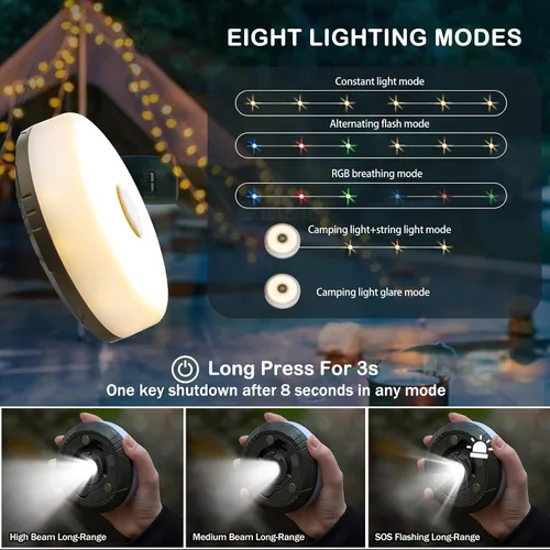 Miniatura 3 de Sutaig Guirnalda de luces de campamento, 4 en 1, linterna de campamento al aire libre con 8 modos de iluminación (32.8 pies), recuperación rápida