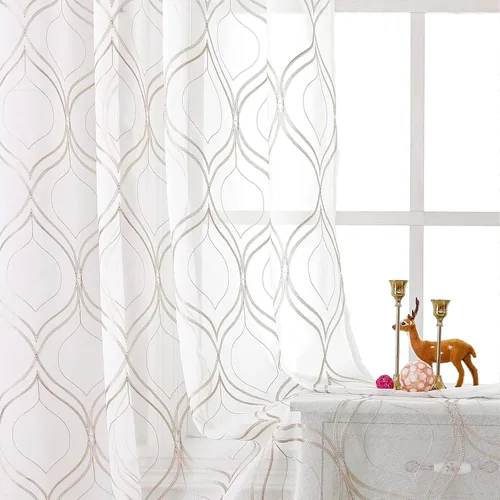 Miniatura 26 de VISIONTEX Cortinas traslúcidas blancas de 63 pulgadas de largo, juego de 2 paneles de bordado marroquí con puntos beige, tela de gasa bordada