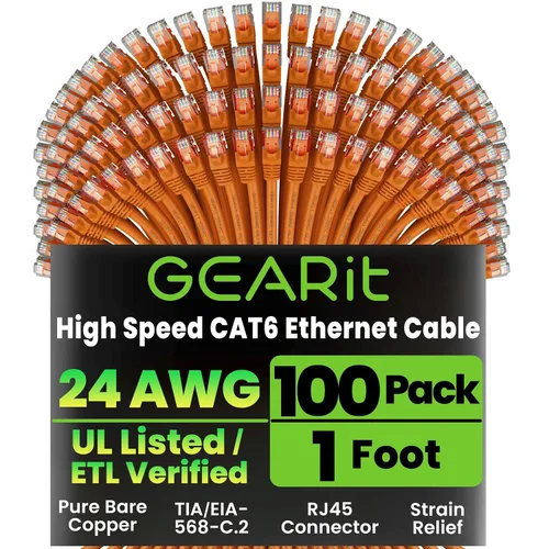 Miniatura 12 de GEARit Paquete de 100 cables Ethernet Cat6 de 0.5 pies Cable de conexión de red RJ45, conectores chapados en oro sin enganches de 10 Gbps, cable