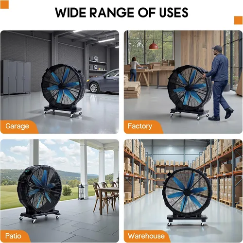Miniatura 7 de Albott Ventilador de tambor industrial de 36 pulgadas, ventilador de piso de alta velocidad de plástico de 500 W con ruedas y velocidad variable
