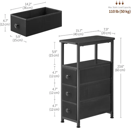Miniatura 3 de DALEMHOME Mesa Auxiliar, Mesa Lateral Estrecha con 3 Cajones de Tela, Mesita de Noche Estrecha, Mesa de Cama Pequeña con Almacenamiento, para Sala