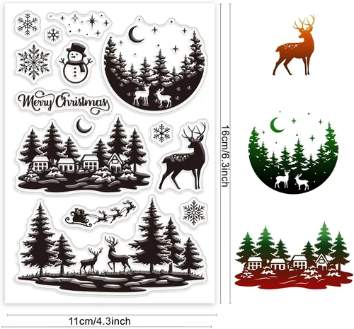 Miniatura 2 de CRASPIRE Sellos de goma transparente de Navidad para casa de invierno, bosque, copo de nieve, alce, muñeco de nieve, trineo, sellos de silicona