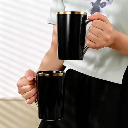 Miniatura 3 de Juego de 6 tazas de café de oro negro de 12 onzas, tazas de cerámica de porcelana con mango y borde dorados, apto para lavavajillas, regalo elegante