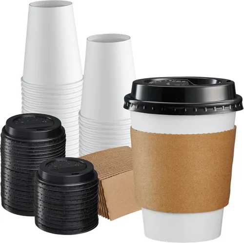 GUSTO [12 onzas – 50 juegos de tazas de café desechables con tapas y mangas – Vasos calientes de papel para llevar para viajes y uso en la oficina –