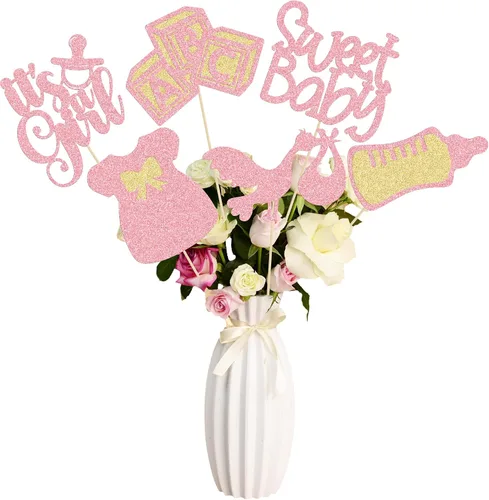 Miniatura 10 de Gyufise 12 piezas varillas para centro de mesa de baby shower con purpurina, atadura de un solo uso, corazón de amor, oh bebé, revelación de género