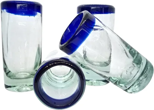 Miniatura 8 de Specialty - Vasos de tequila mexicanos, soplados a mano con color y textura únicos, juego de 4 piezas (borde azul)