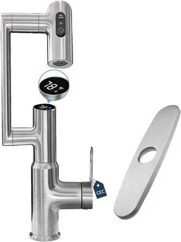 Miniatura 10 de Grifo de baño, grifos giratorios con pantalla de temperatura en grados Celsius (sin baterías), 3 modos de salida de agua, grifo de un solo orificio